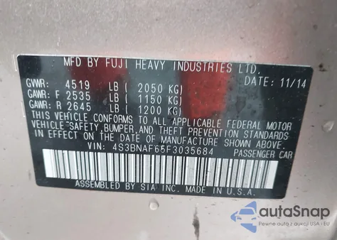 2015 Subaru Legacy 2.5I Premium из США, поврежденный, VIN 4S3BNAF65F3035684